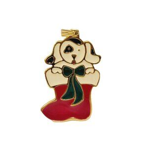 Vtg Wallace Silversmith Christmas Puppy Dog Red Stocking Enamel Ornament Pendant